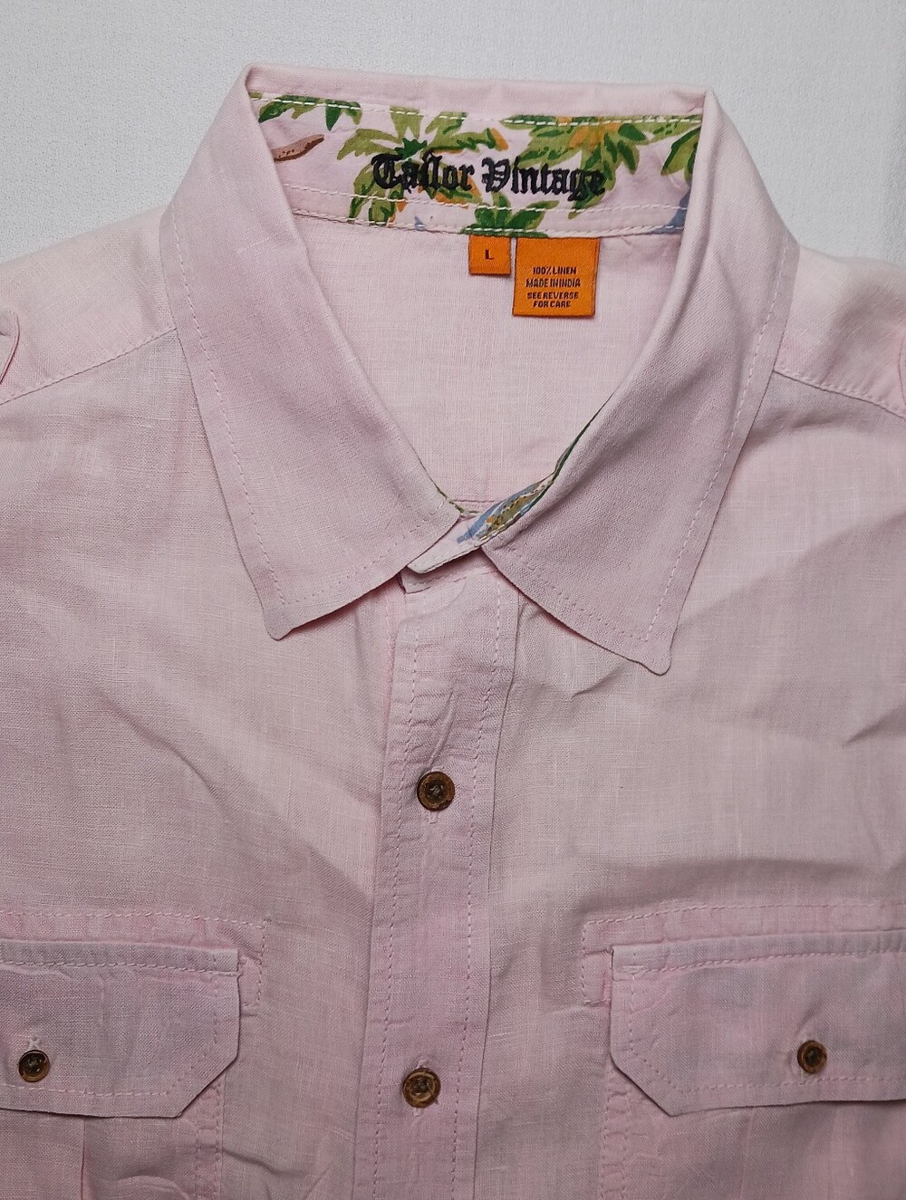 Tailor Vintage Mens Linen Utility Button Up Shirt Large Pink Epaulet Roll Tab